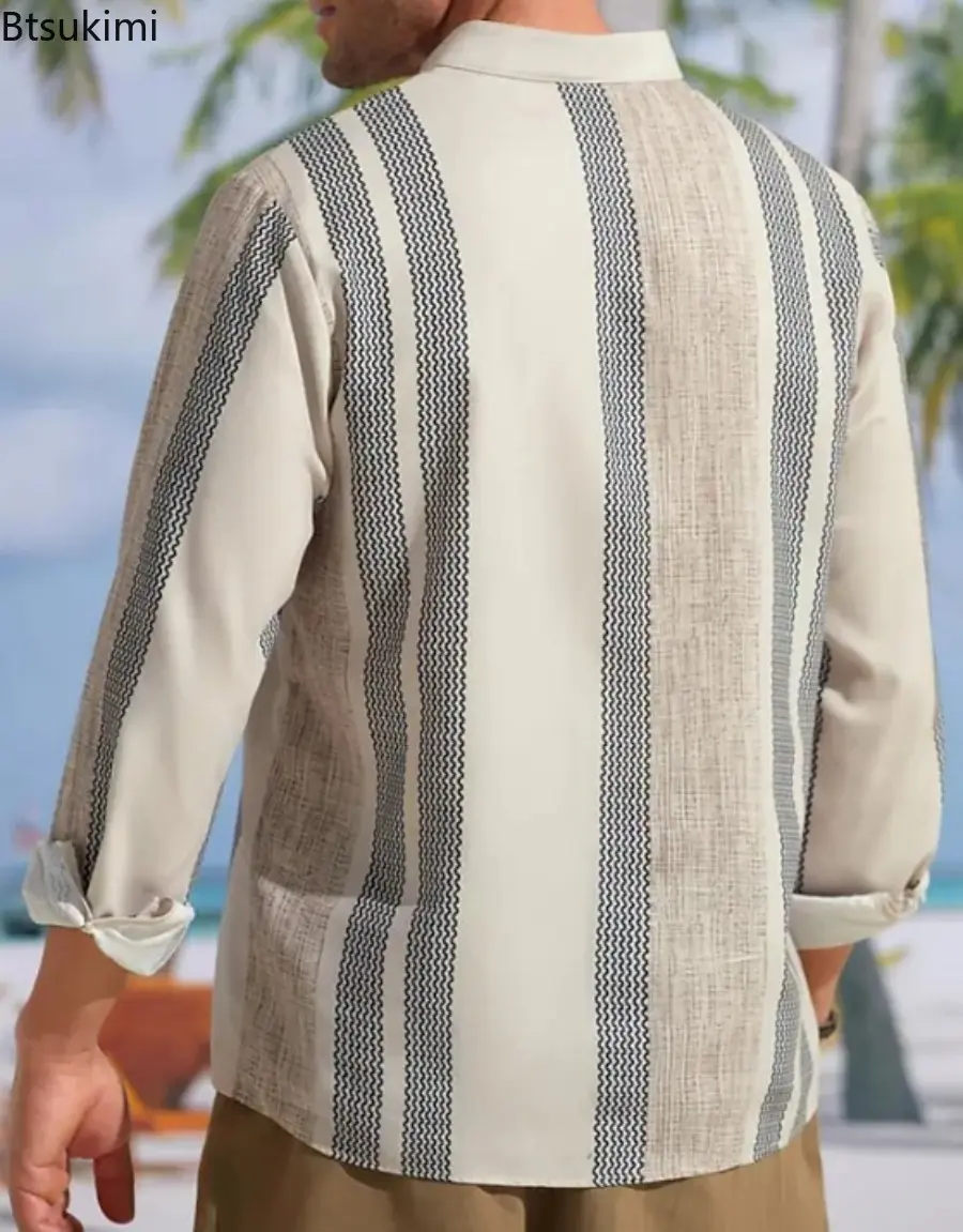 2025 Vintage Striped Printing Casual Shirts for Men Fashion Stand Collar Breathable Cotton Linen Pullover Tops Men Loose Blouses