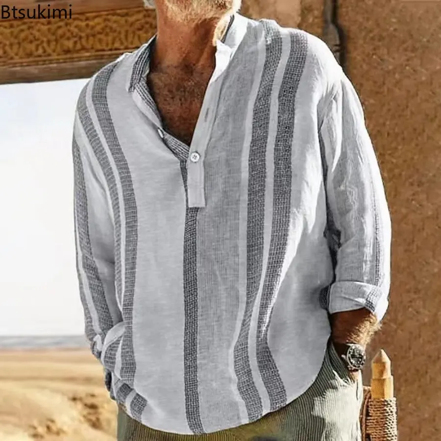 2025 Vintage Striped Printing Casual Shirts for Men Fashion Stand Collar Breathable Cotton Linen Pullover Tops Men Loose Blouses