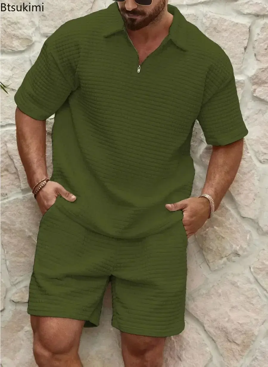 2025 Men's Summer Waffle Casual Suit Sets Solid Plaid Loose Sport Sets Half Zip Short-sleeved Polo Shirt Shorts Men Tracksuit