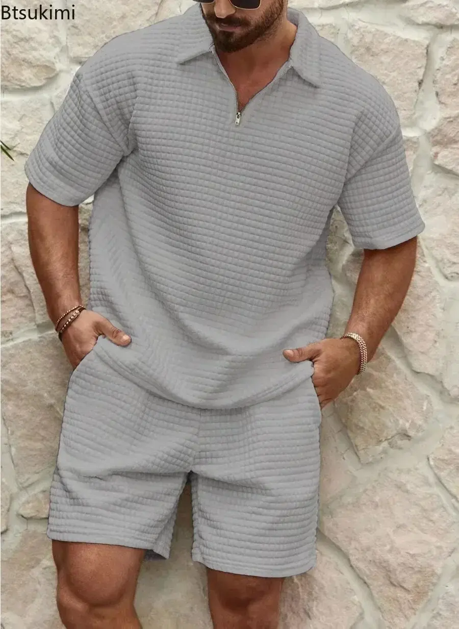 2025 Men's Summer Waffle Casual Suit Sets Solid Plaid Loose Sport Sets Half Zip Short-sleeved Polo Shirt Shorts Men Tracksuit