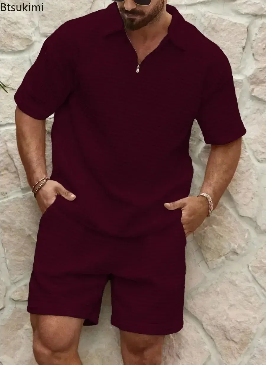 2025 Men's Summer Waffle Casual Suit Sets Solid Plaid Loose Sport Sets Half Zip Short-sleeved Polo Shirt Shorts Men Tracksuit