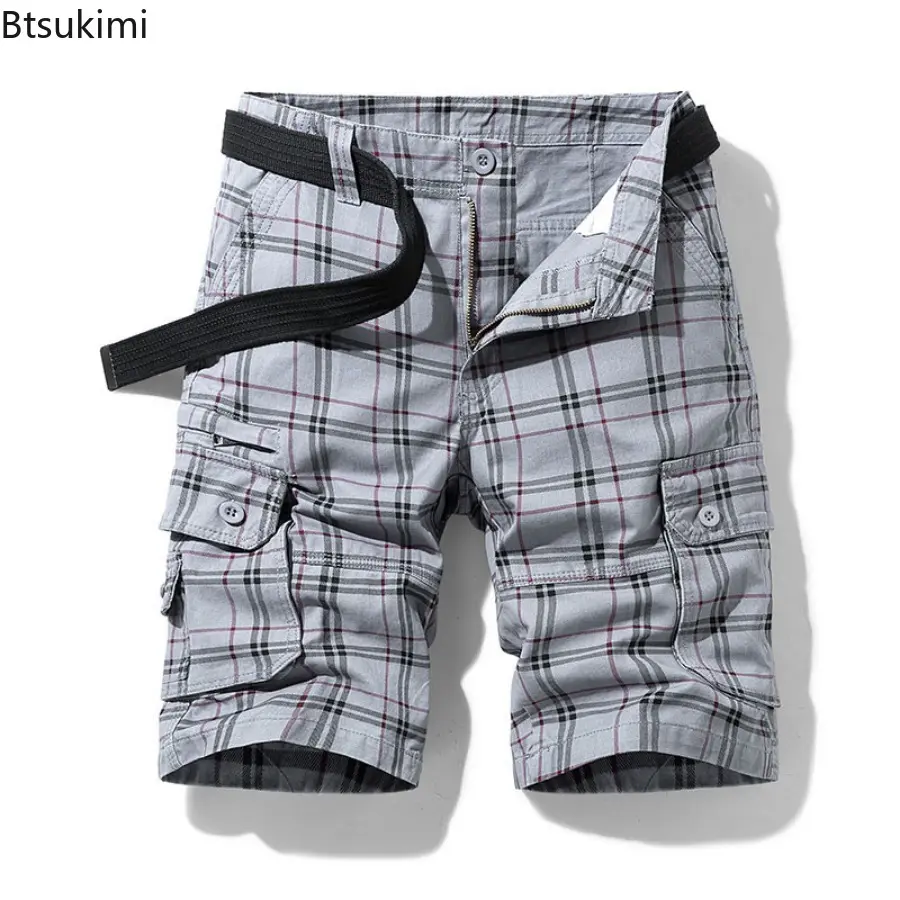 Summer Men's Fashion Plaid Printed Cargo Shorts Vintage 100% Cotton Casual Short Straight Trousers Men Multi Pocket Sport Shorts