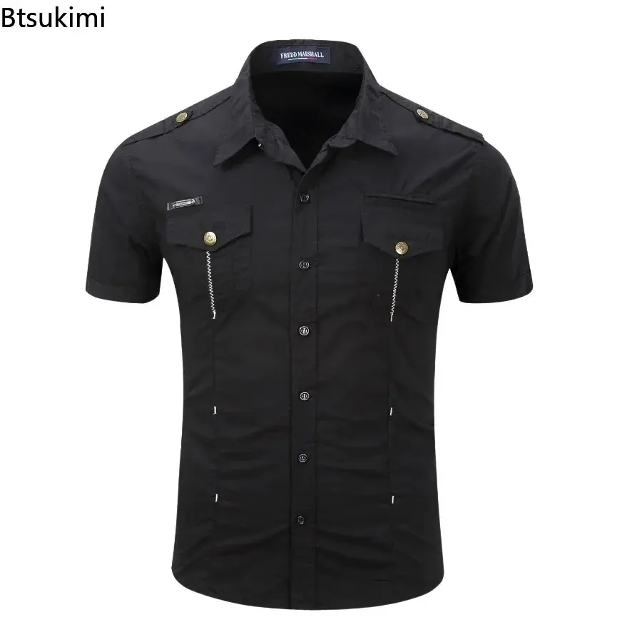 2025 Men's Outdoor Clothing Summer Short-sleeved Tactical Military Tooling Shirts Breathable Cotton Solid Casual Work Tops Male