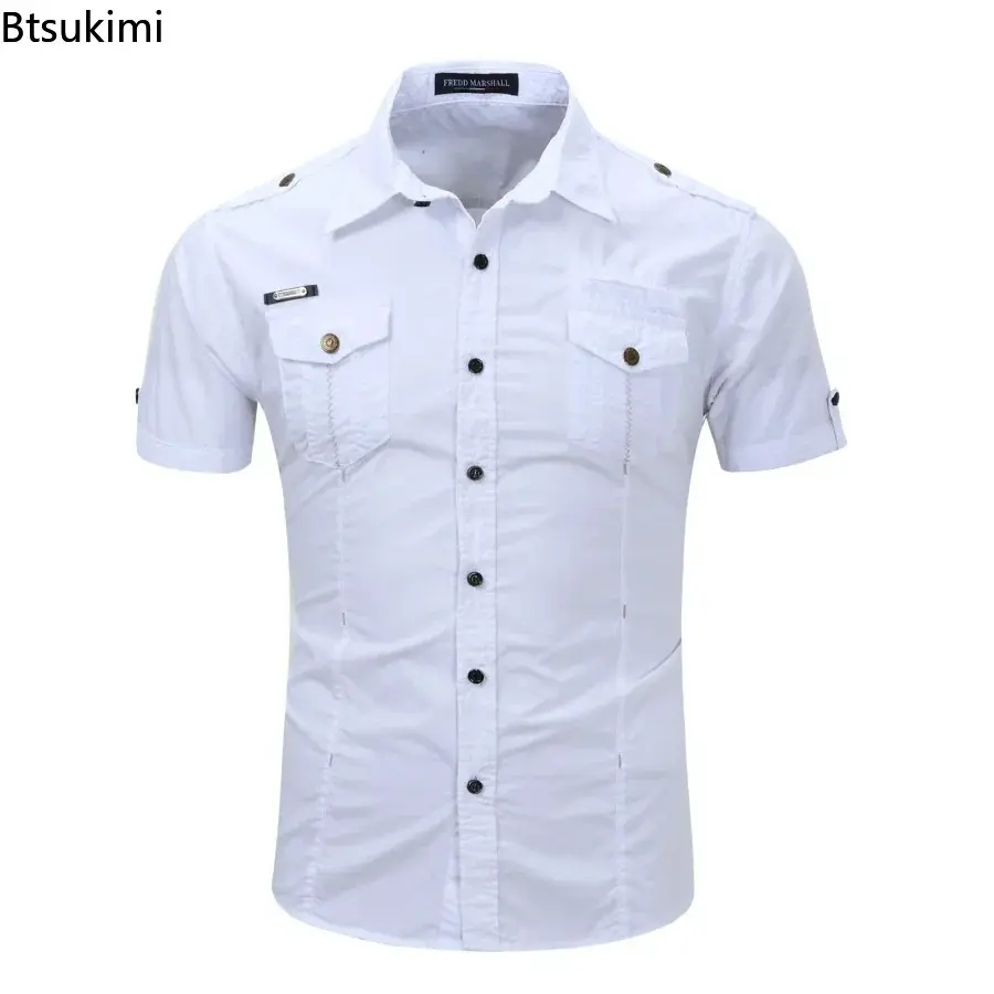 2025 Men's Outdoor Clothing Summer Short-sleeved Tactical Military Tooling Shirts Breathable Cotton Solid Casual Work Tops Male