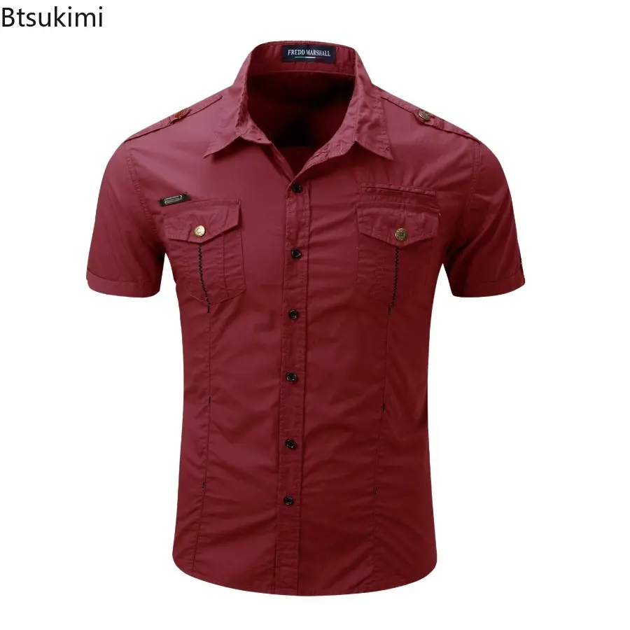 2025 Men's Outdoor Clothing Summer Short-sleeved Tactical Military Tooling Shirts Breathable Cotton Solid Casual Work Tops Male