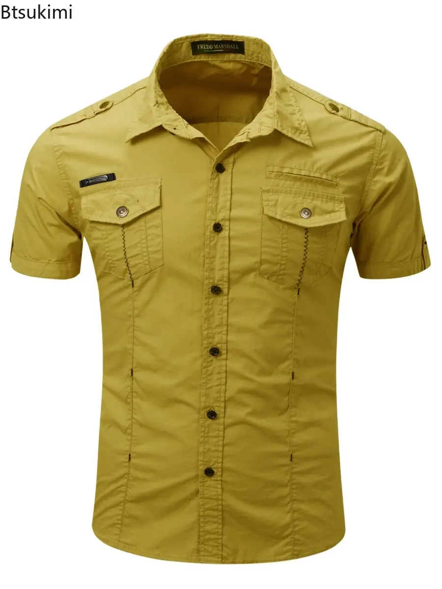 2025 Men's Outdoor Clothing Summer Short-sleeved Tactical Military Tooling Shirts Breathable Cotton Solid Casual Work Tops Male