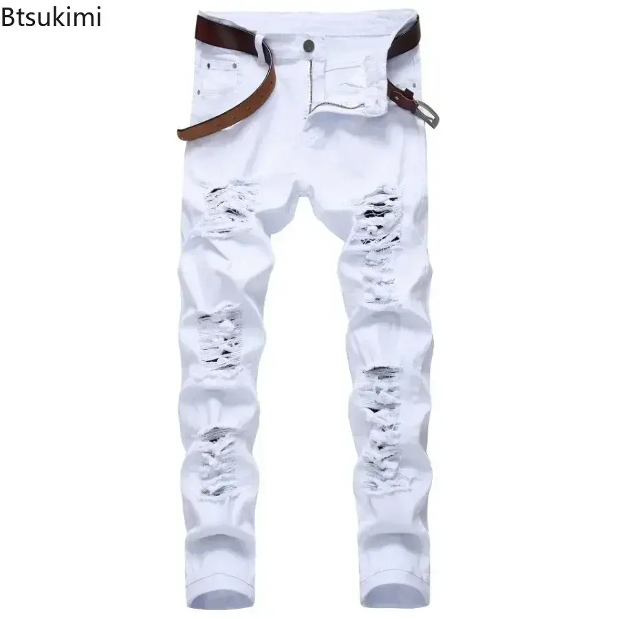 New 2025 Men's Casual Jeans Trendy Hip Hop Holes Slim Denim Trousers Versatile Stretch Distressed Pants High Quality Pants Male
