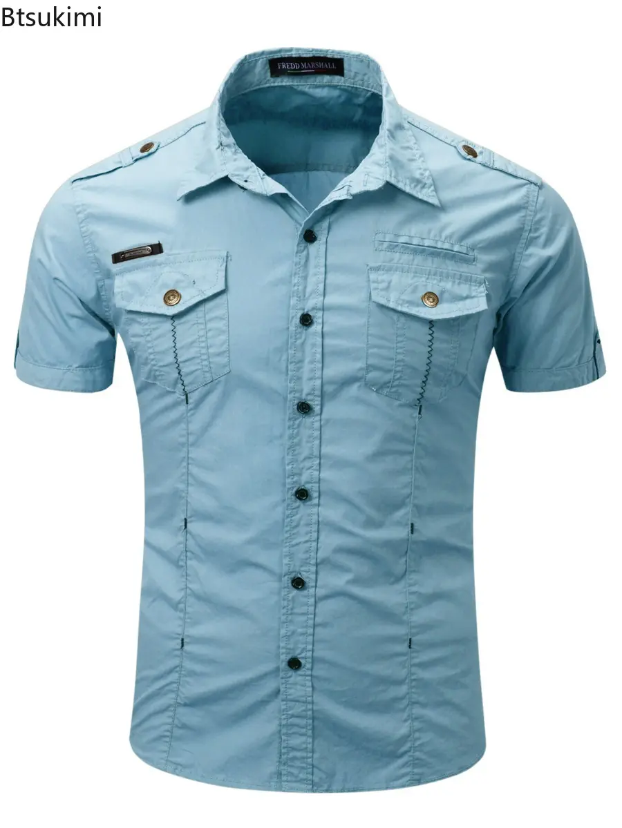 2025 Men's Outdoor Clothing Summer Short-sleeved Tactical Military Tooling Shirts Breathable Cotton Solid Casual Work Tops Male
