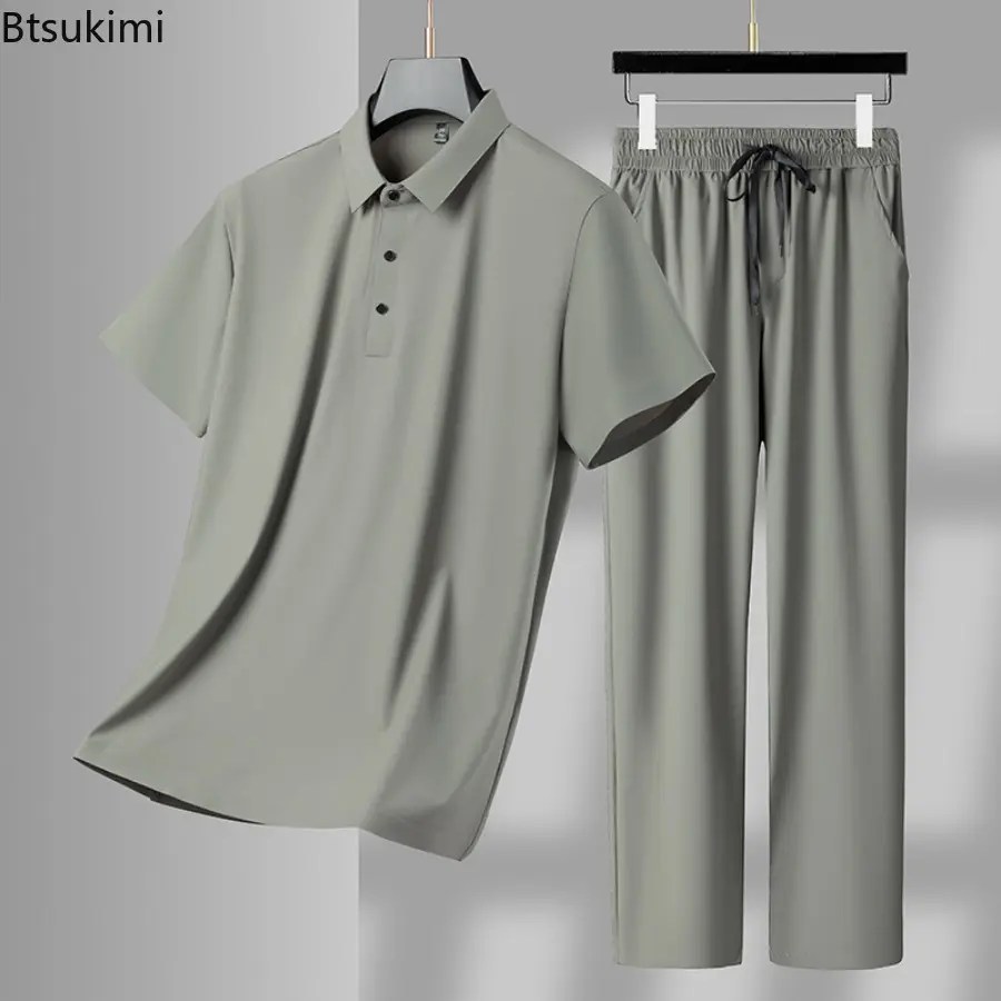 High Quality Men's Casual Sets Summer Cool Breathable Ice Silk Sportwear Two-piecesMen Short-sleeved Polo Shirt+Pants Tracksuits