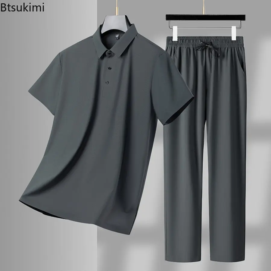 High Quality Men's Casual Sets Summer Cool Breathable Ice Silk Sportwear Two-piecesMen Short-sleeved Polo Shirt+Pants Tracksuits
