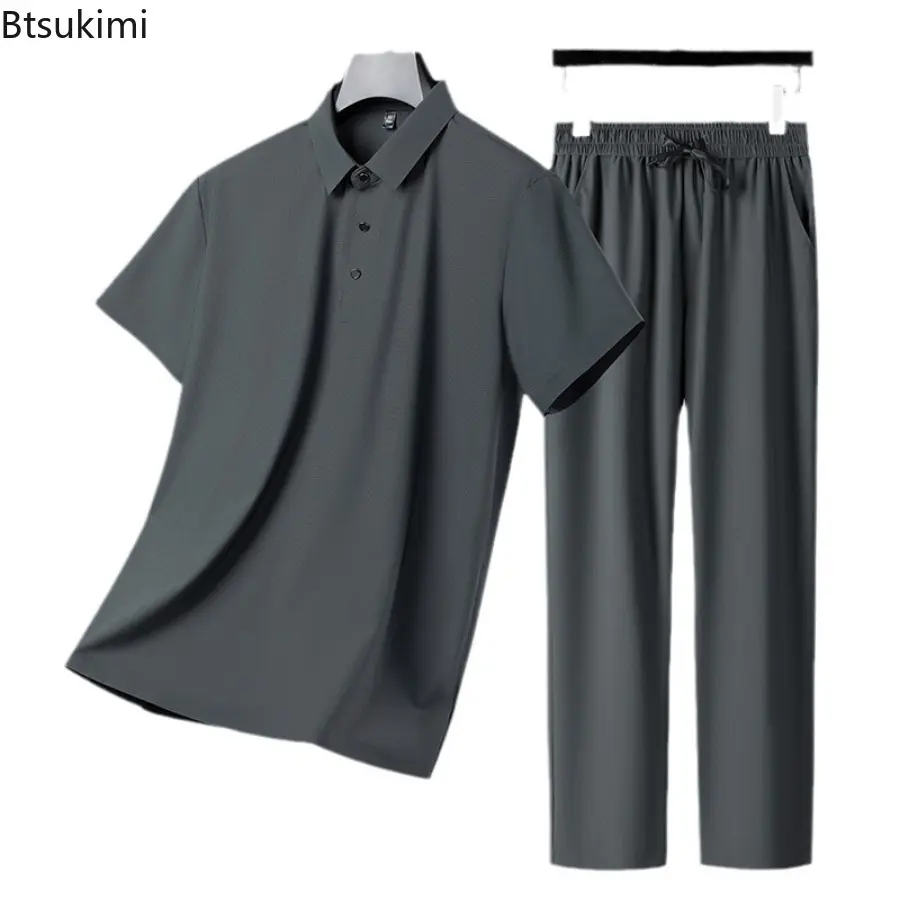High Quality Men's Casual Sets Summer Cool Breathable Ice Silk Sportwear Two-piecesMen Short-sleeved Polo Shirt+Pants Tracksuits