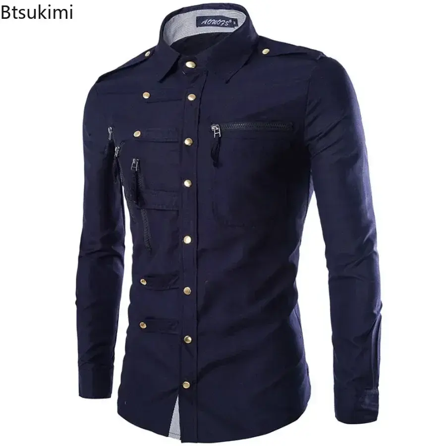 New 2025 Men's Long Sleeve Slim Shirts Metal Button-up Multi Zipper Design Lapel Shirt Coats Gothic Punk Style Shirt Blouse Male