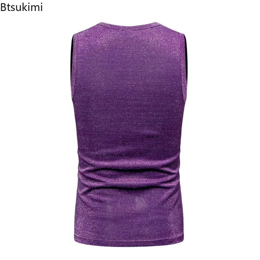 Summer New Men's Fashion Sparkling Casual Vest O-neck Sleeveless Gold Stamping T-shirts Retro 70s Disco Nightclub Tank Tops Male