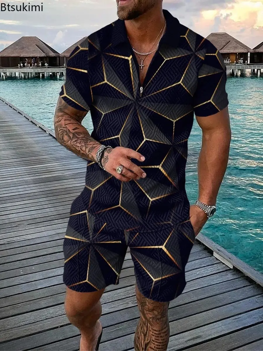 Summer Large Size Men's Clothing Fashion 3D Print Contrast Color Casual Two Piece Sets Men Streetwear Beach Vacation Shorts Suit