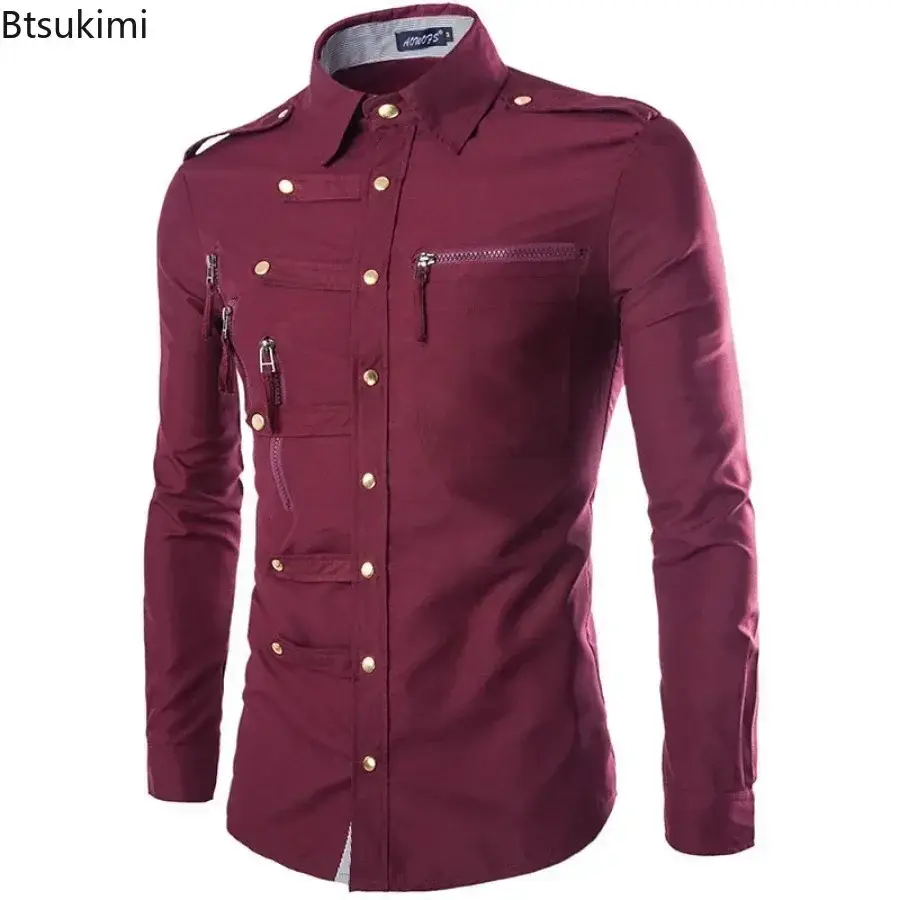 New 2025 Men's Long Sleeve Slim Shirts Metal Button-up Multi Zipper Design Lapel Shirt Coats Gothic Punk Style Shirt Blouse Male
