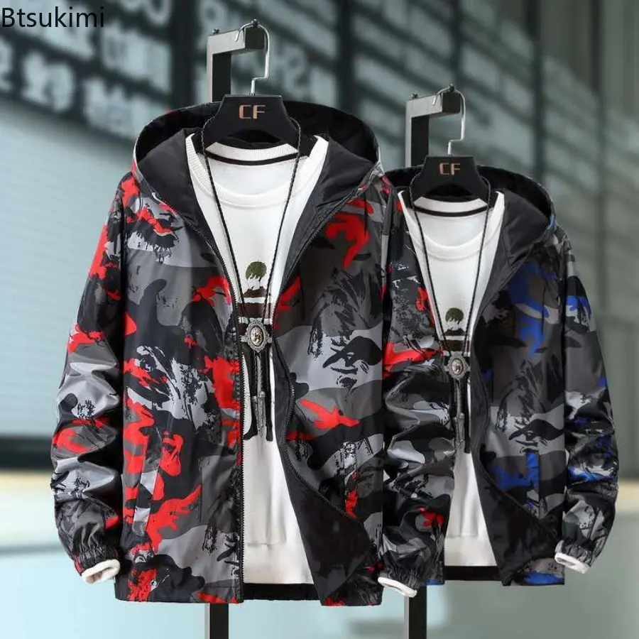 New Spring Autumn Men's Camouflage Hooded Zipper Jacket Fashion Two-side Wear Loose Casual Outdoor Windbreak Coats Plus Size 7XL