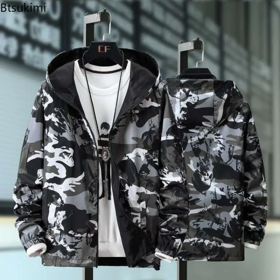 New Spring Autumn Men's Camouflage Hooded Zipper Jacket Fashion Two-side Wear Loose Casual Outdoor Windbreak Coats Plus Size 7XL