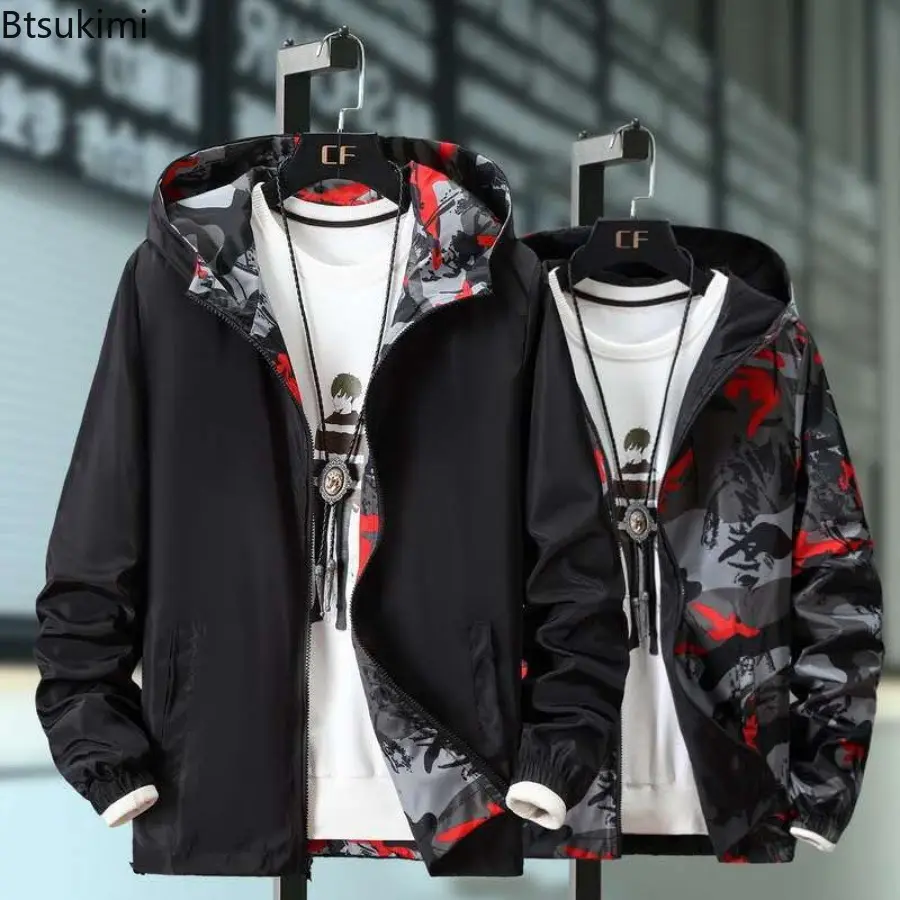 New Spring Autumn Men's Camouflage Hooded Zipper Jacket Fashion Two-side Wear Loose Casual Outdoor Windbreak Coats Plus Size 7XL