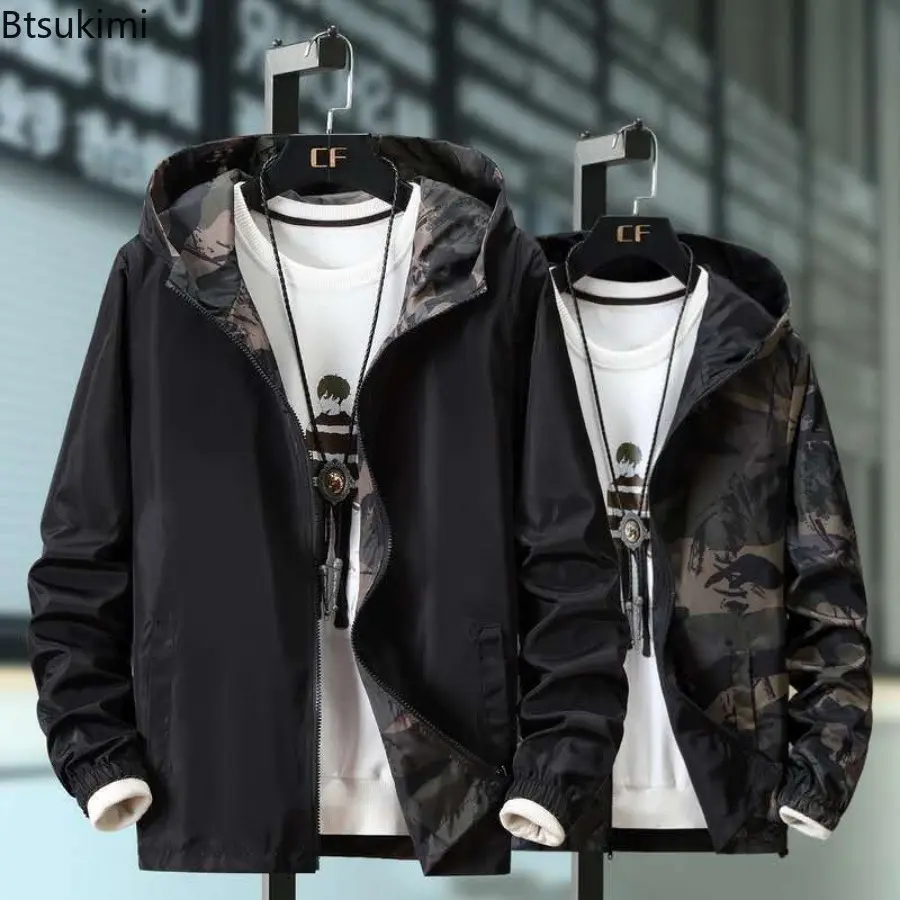 New Spring Autumn Men's Camouflage Hooded Zipper Jacket Fashion Two-side Wear Loose Casual Outdoor Windbreak Coats Plus Size 7XL