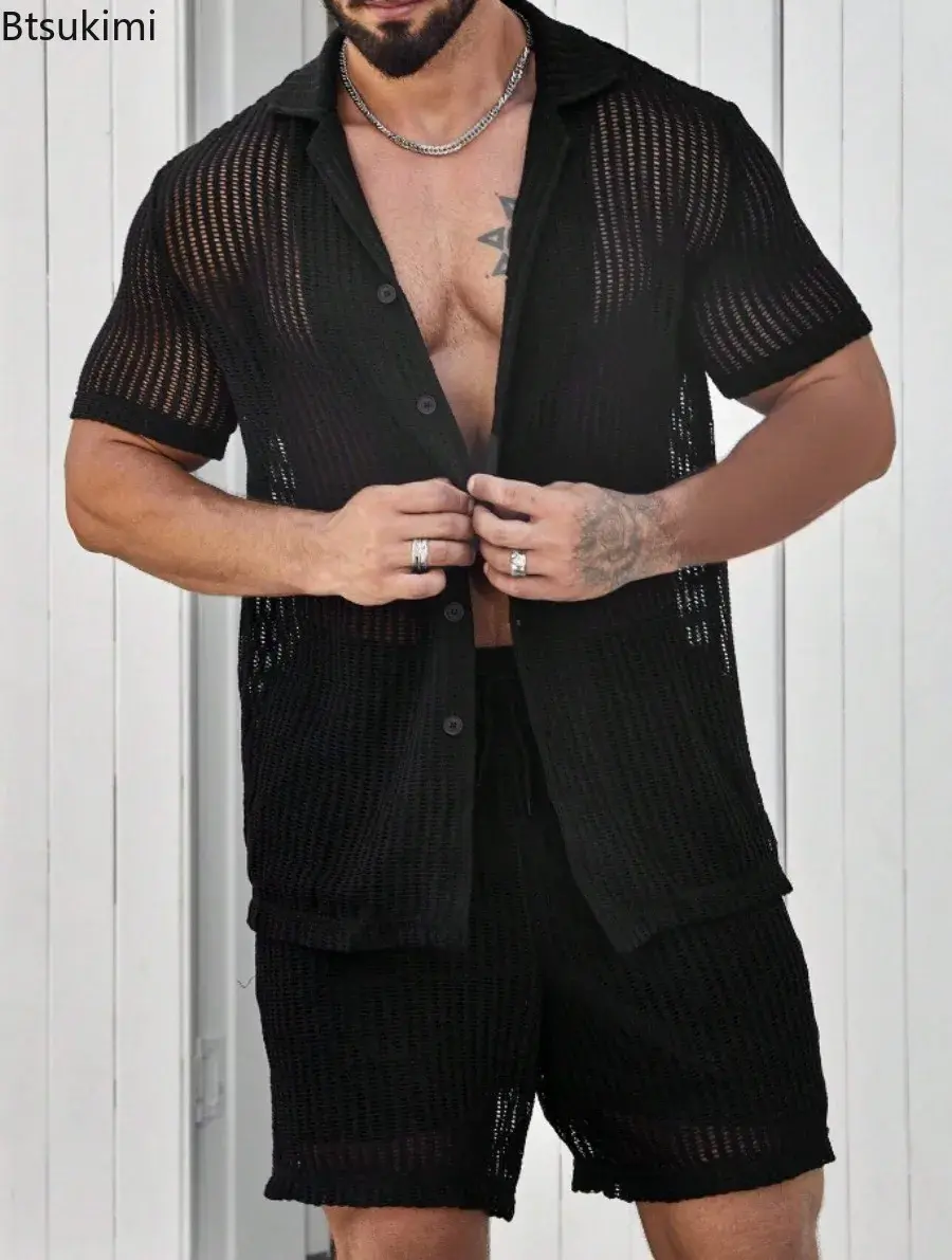 Summer Cool Breathable Knitted Shirts for Men Fashion Hollow Short Sleeve Button Lapel Cardigan Tops Men's Knit Solid Polo Shirt