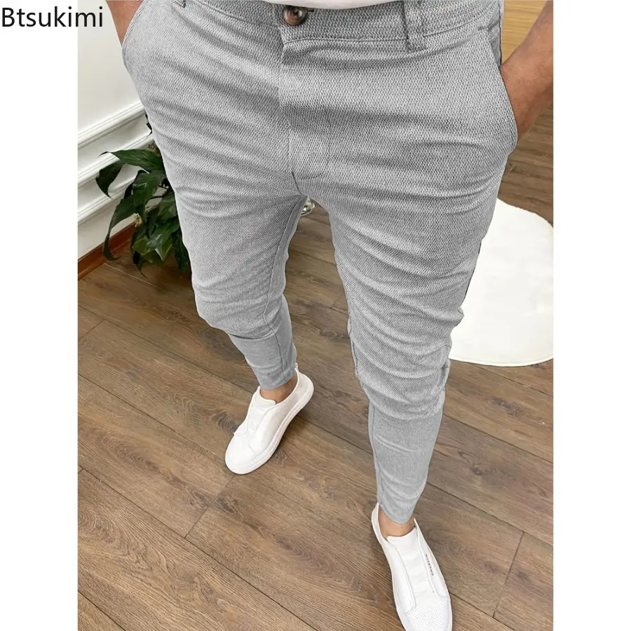 New Men's Solid Color Slim Trousers Fashion High Elastic Classic Casual Pants Men Business Office Work Versatile Pencile Pants