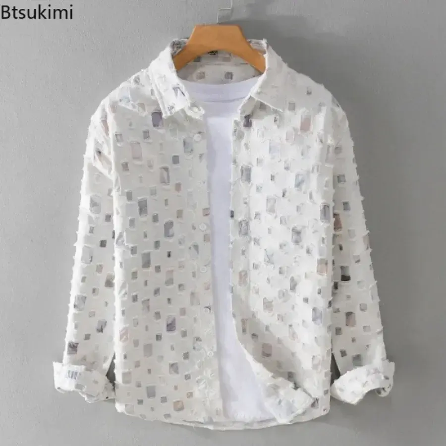 2025 New Men's Plaid Contrasting Color Hole Shirt Coats Vintage 100% Cotton Long-sleeved Loose Casual Blouse Fashion Men Clothes