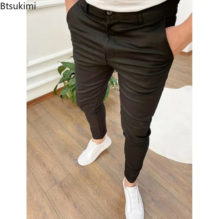 New Men's Solid Color Slim Trousers Fashion High Elastic Classic Casual Pants Men Business Office Work Versatile Pencile Pants