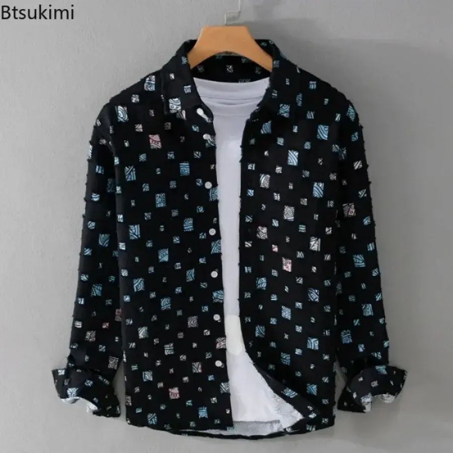 2025 New Men's Plaid Contrasting Color Hole Shirt Coats Vintage 100% Cotton Long-sleeved Loose Casual Blouse Fashion Men Clothes