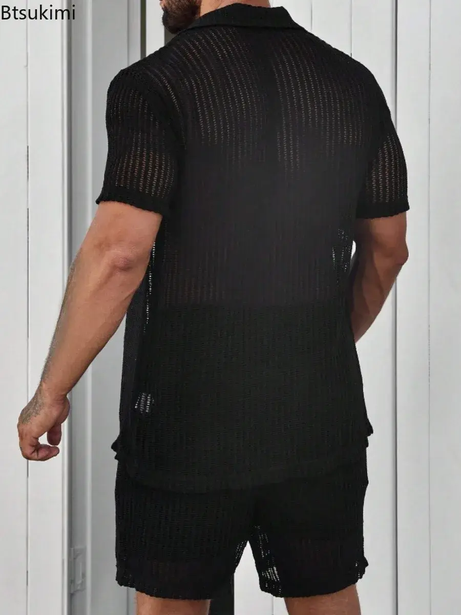 Summer Cool Breathable Knitted Shirts for Men Fashion Hollow Short Sleeve Button Lapel Cardigan Tops Men's Knit Solid Polo Shirt