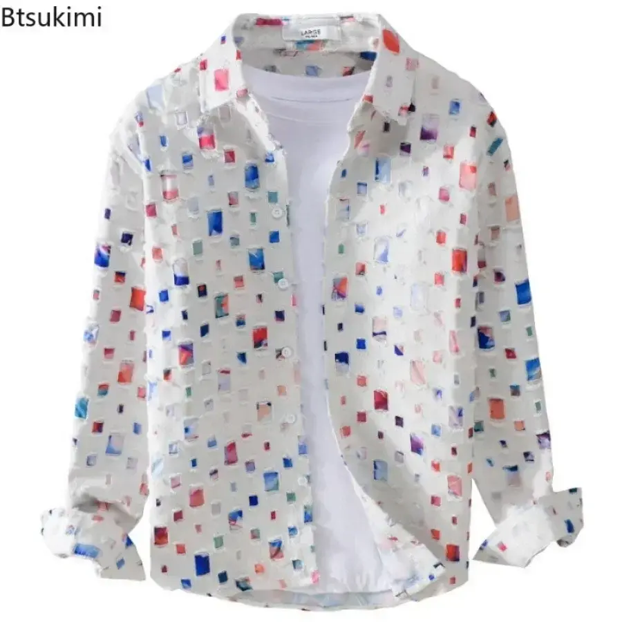 2025 New Men's Plaid Contrasting Color Hole Shirt Coats Vintage 100% Cotton Long-sleeved Loose Casual Blouse Fashion Men Clothes