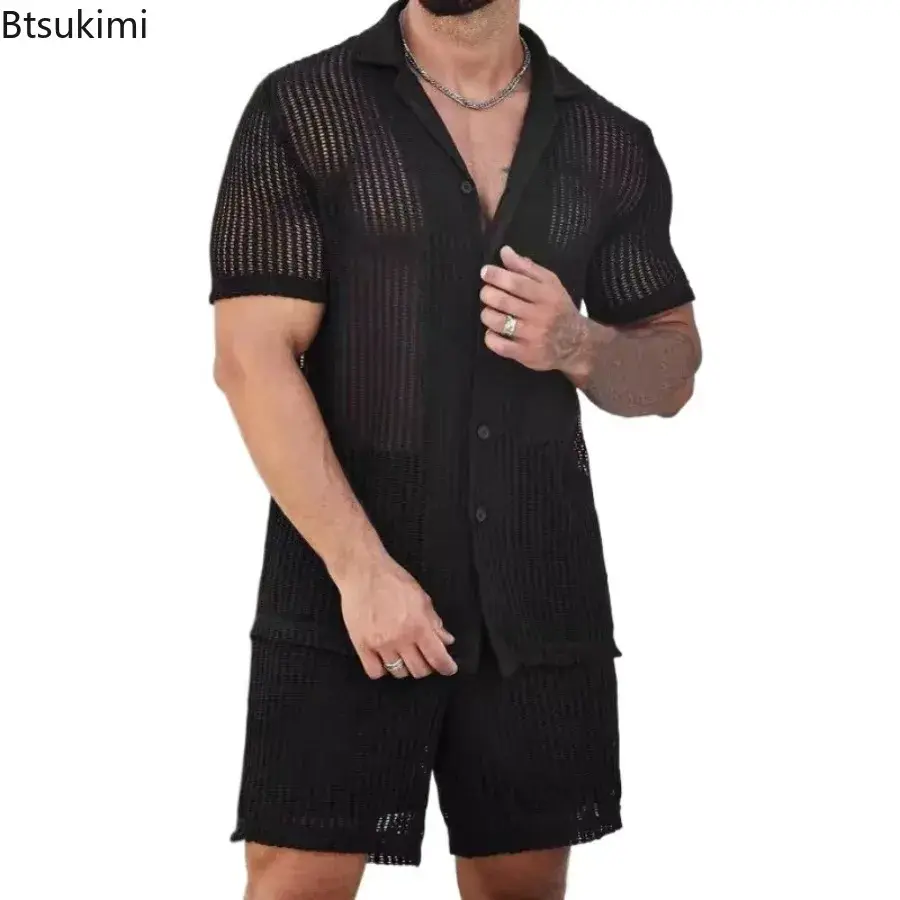 Summer Cool Breathable Knitted Shirts for Men Fashion Hollow Short Sleeve Button Lapel Cardigan Tops Men's Knit Solid Polo Shirt