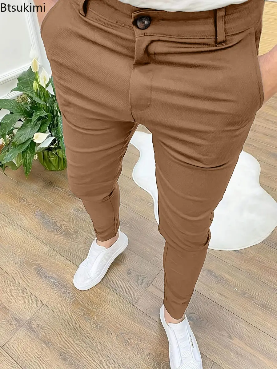 New Men's Solid Color Slim Trousers Fashion High Elastic Classic Casual Pants Men Business Office Work Versatile Pencile Pants