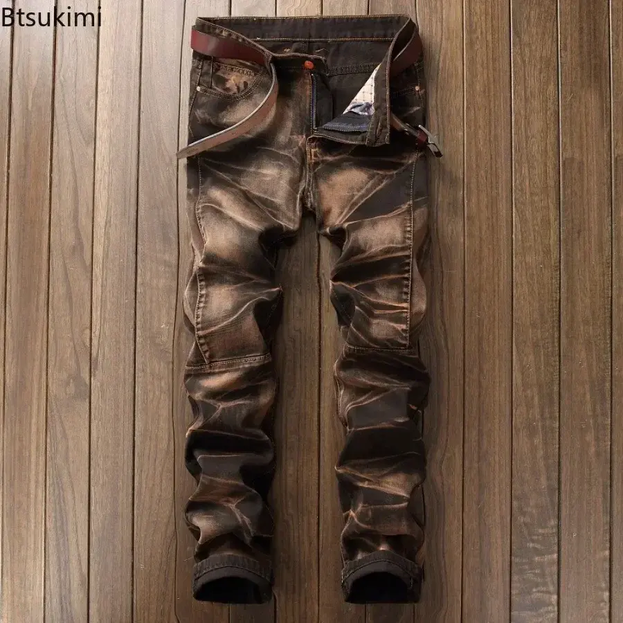 2025 Men's Fashion Vintage Jeans Slim Straight Leg Tie Dye Pleated Biker Denim Pants Male Casual Pants Oversized 42 High Quality