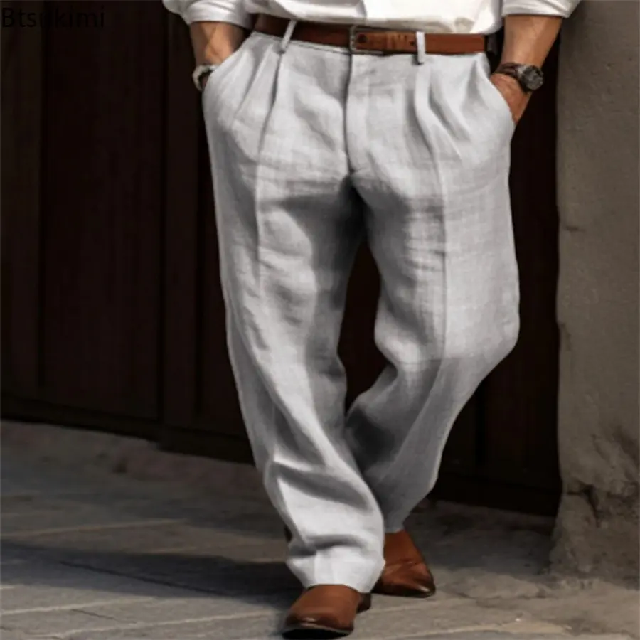 New 2025 Men's Cotton Linen Pants Solid Loose Casual Business Traight Leg Pants Vintage Breathable Male Daily Versatile Pants