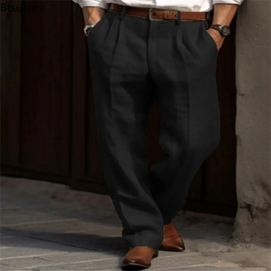 New 2025 Men's Cotton Linen Pants Solid Loose Casual Business Traight Leg Pants Vintage Breathable Male Daily Versatile Pants