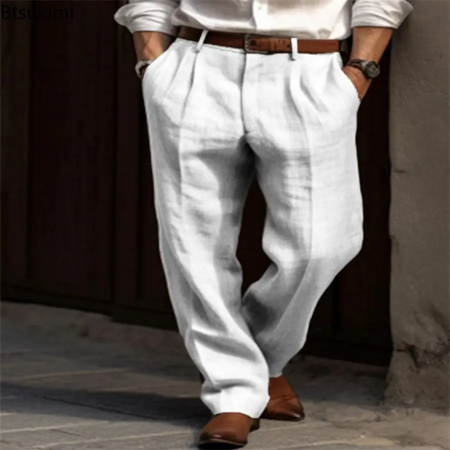 New 2025 Men's Cotton Linen Pants Solid Loose Casual Business Traight Leg Pants Vintage Breathable Male Daily Versatile Pants