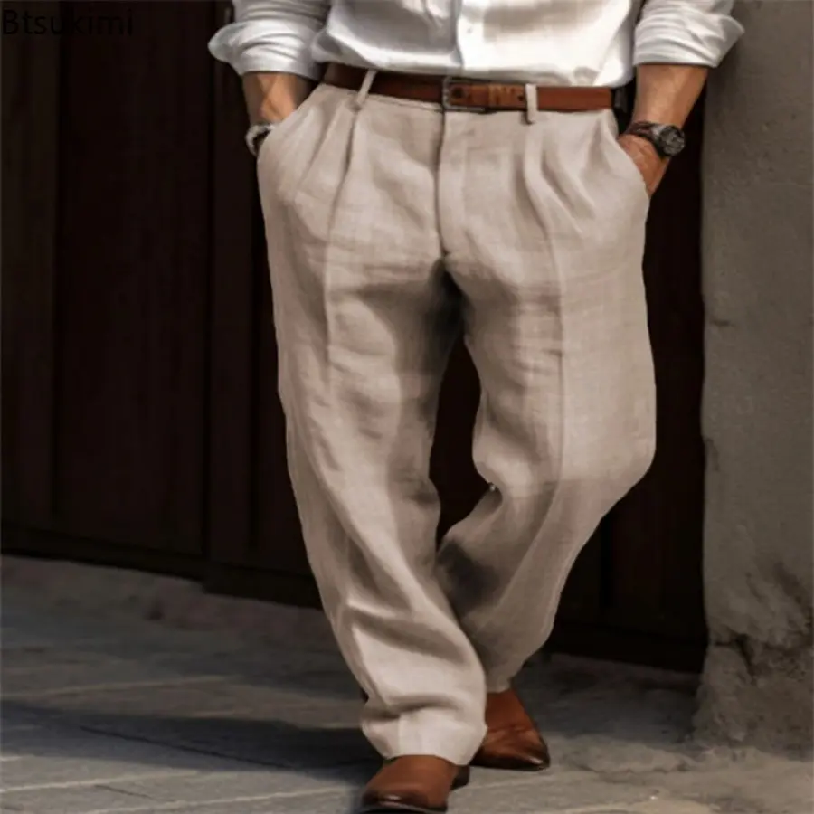 New 2025 Men's Cotton Linen Pants Solid Loose Casual Business Traight Leg Pants Vintage Breathable Male Daily Versatile Pants