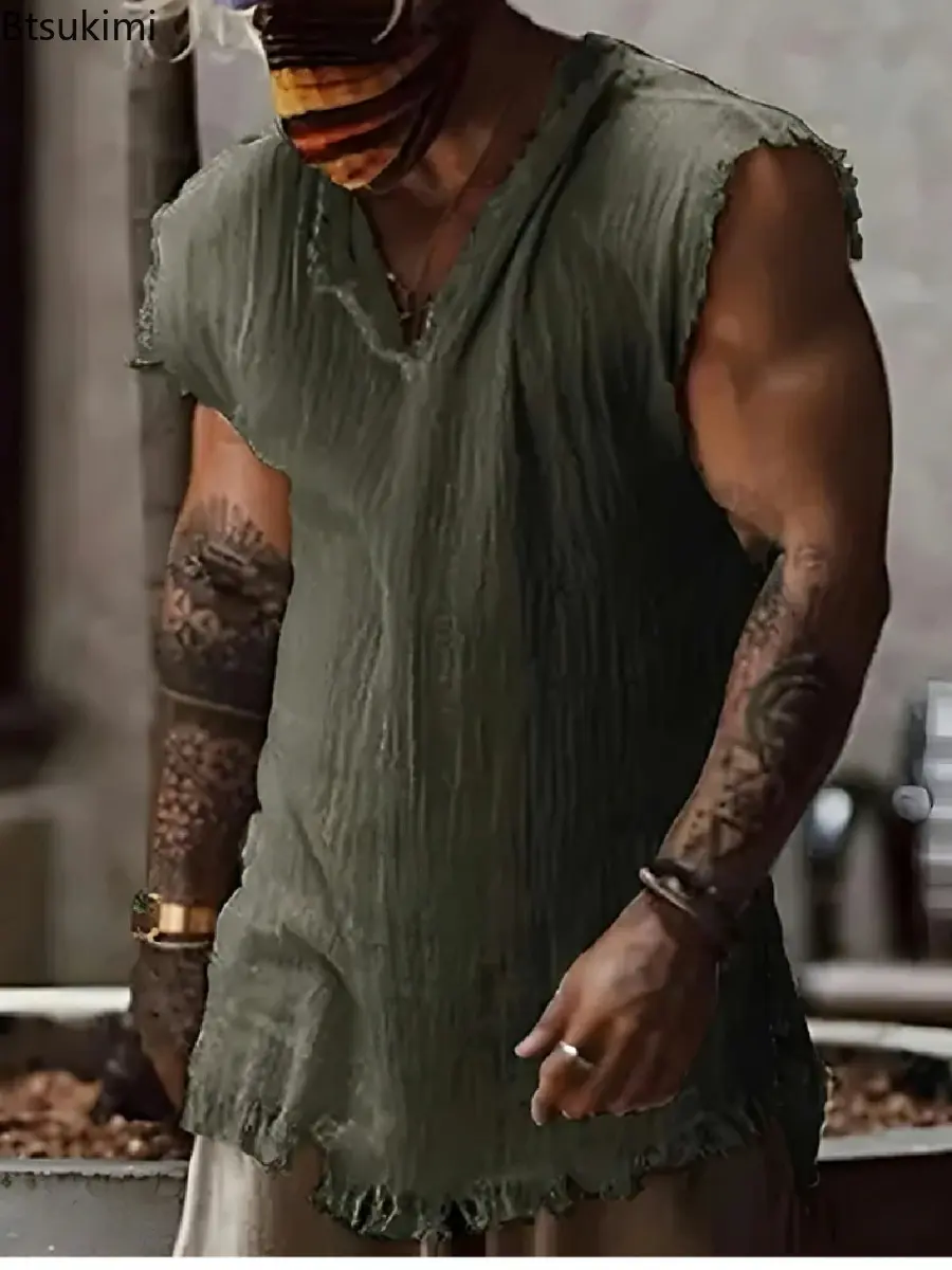 2025 Trendy Retro Style Men's Solid Casual Tank Tops Sleeveless Loose V-neck T-shirt Fashion Ripped Edge Breathable Vest for Men