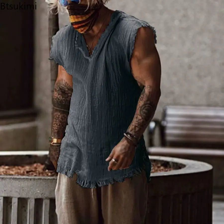 2025 Trendy Retro Style Men's Solid Casual Tank Tops Sleeveless Loose V-neck T-shirt Fashion Ripped Edge Breathable Vest for Men