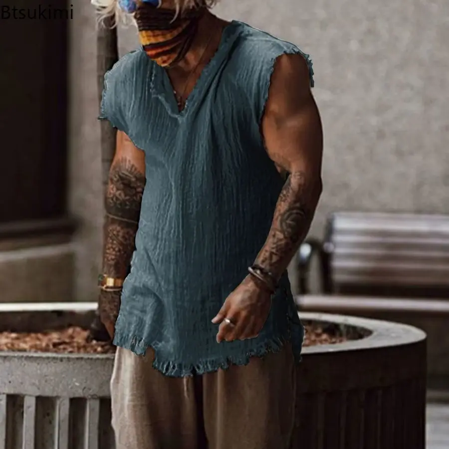2025 Trendy Retro Style Men's Solid Casual Tank Tops Sleeveless Loose V-neck T-shirt Fashion Ripped Edge Breathable Vest for Men