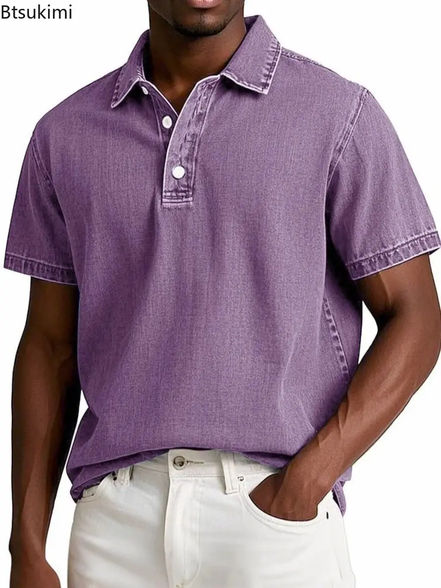 New 2025 Men's Summer Retro Thin Style Polo Shirt Solid Color Business Casual Short Sleeve T-shirt Casual and Loose Shirt Male