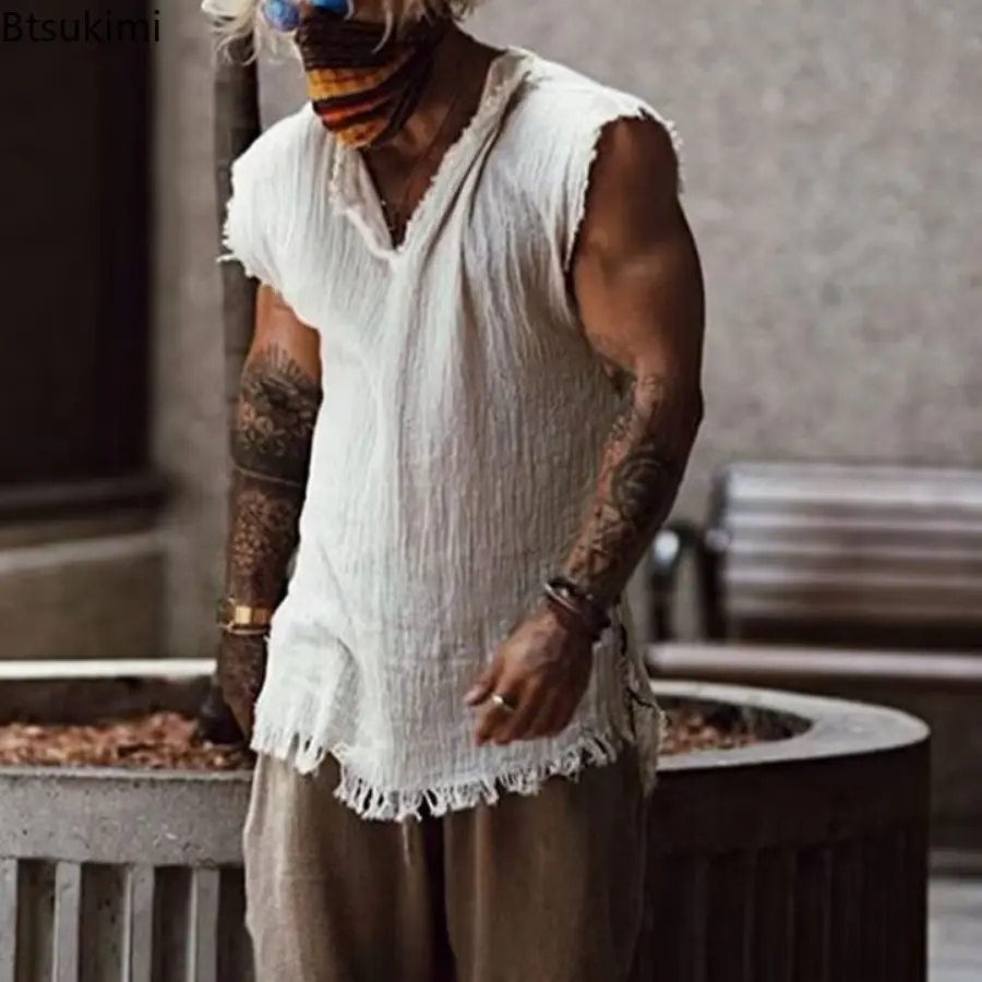 2025 Trendy Retro Style Men's Solid Casual Tank Tops Sleeveless Loose V-neck T-shirt Fashion Ripped Edge Breathable Vest for Men