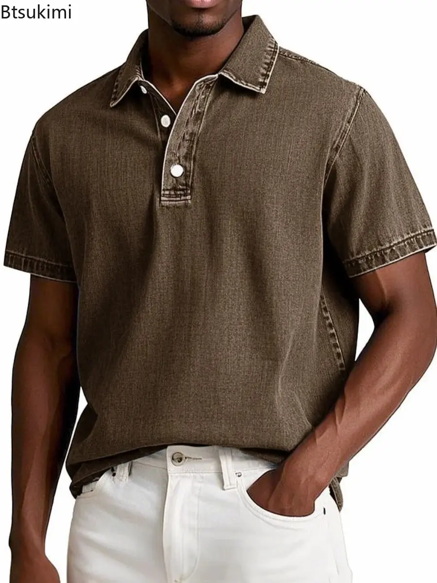 New 2025 Men's Summer Retro Thin Style Polo Shirt Solid Color Business Casual Short Sleeve T-shirt Casual and Loose Shirt Male