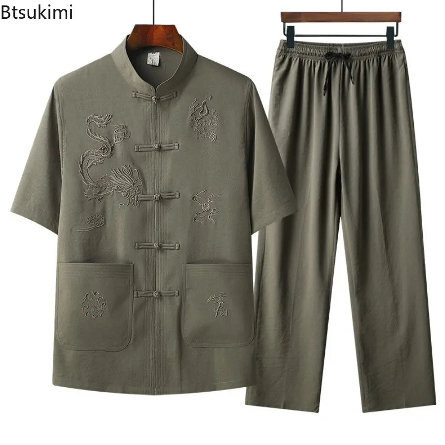 Summer Chinese Style Embroidery Tang Suit Men's Stand Collar Shirt and Pants Loose Casual Han Fu Two-pieces Men Tai Chi Outfits