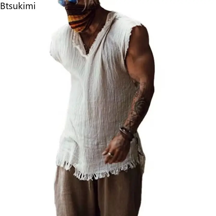 2025 Trendy Retro Style Men's Solid Casual Tank Tops Sleeveless Loose V-neck T-shirt Fashion Ripped Edge Breathable Vest for Men