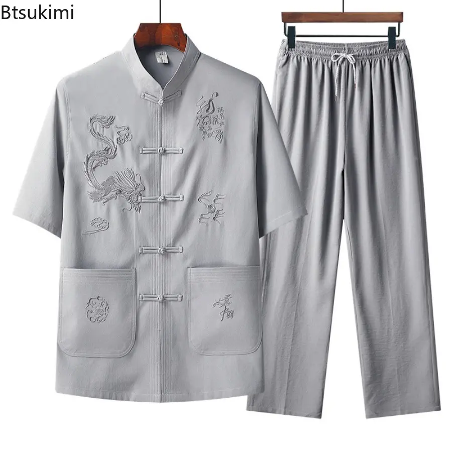 Summer Chinese Style Embroidery Tang Suit Men's Stand Collar Shirt and Pants Loose Casual Han Fu Two-pieces Men Tai Chi Outfits