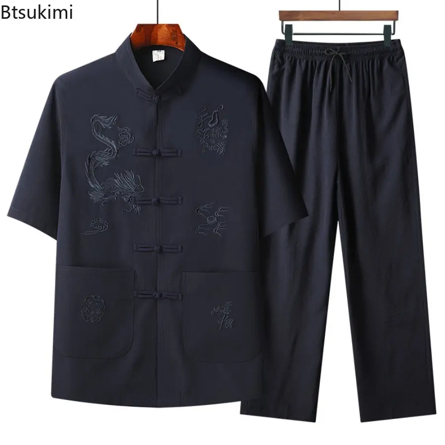 Summer Chinese Style Embroidery Tang Suit Men's Stand Collar Shirt and Pants Loose Casual Han Fu Two-pieces Men Tai Chi Outfits