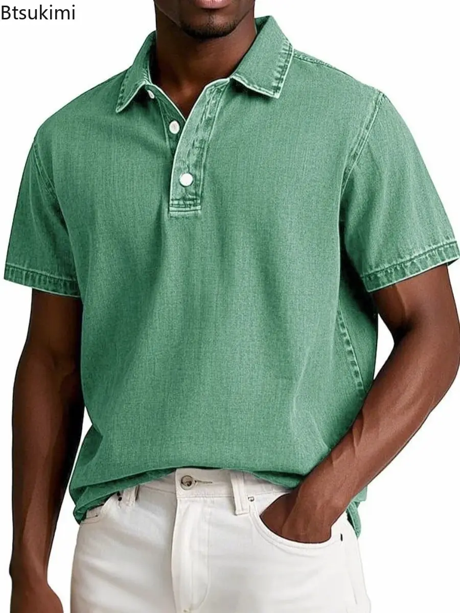 New 2025 Men's Summer Retro Thin Style Polo Shirt Solid Color Business Casual Short Sleeve T-shirt Casual and Loose Shirt Male