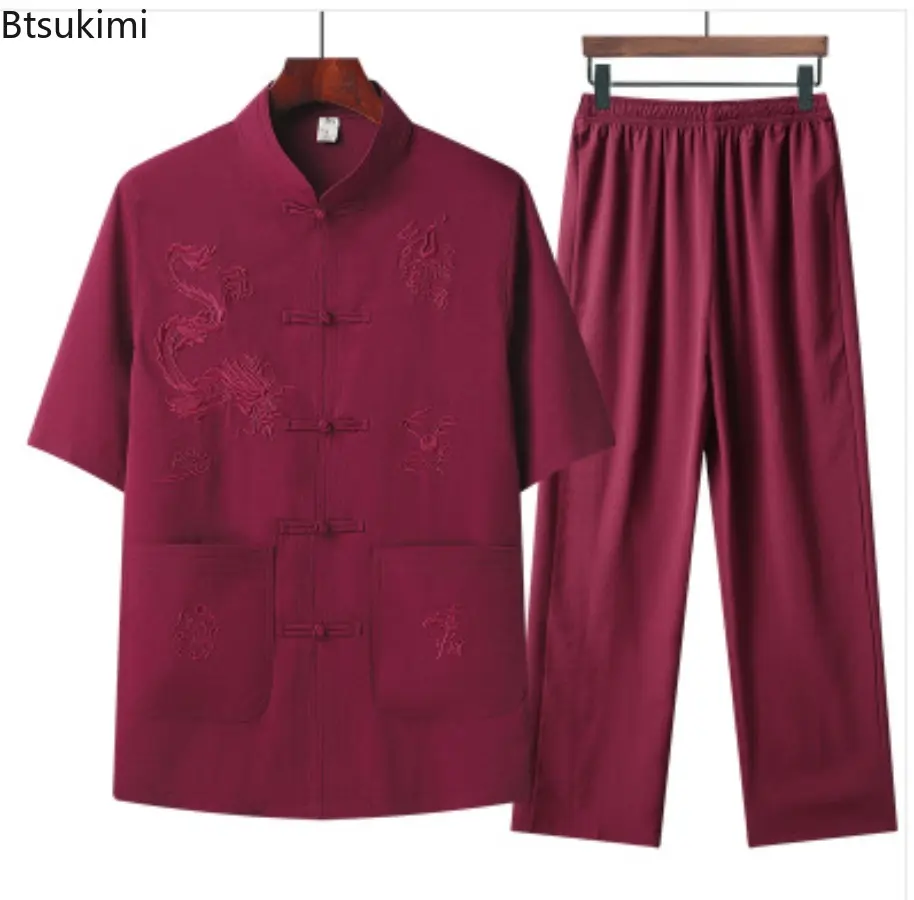 Summer Chinese Style Embroidery Tang Suit Men's Stand Collar Shirt and Pants Loose Casual Han Fu Two-pieces Men Tai Chi Outfits