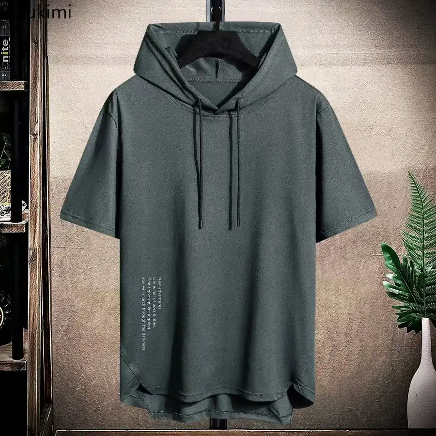 2025 Men's Summer Hoodies T-shirts Short Sleeve Solid Color Loose Hooded Drawstring Pullover Tops Basic Tees for Daily Wear Male